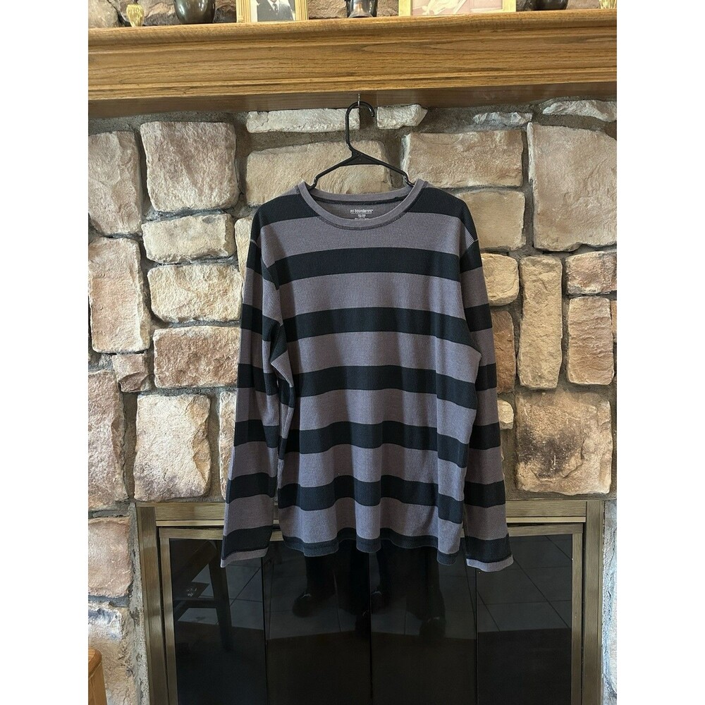 VTG Y2K No Boundaries Gray Black Striped Thermal Waffle Knit Long Sleeve 2XL Men